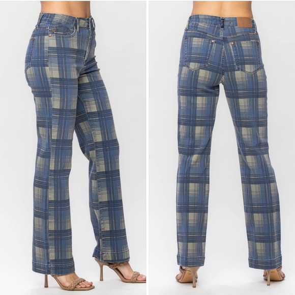 Judy Blue Vintage Plaid Straight Leg Jeans - Picture 1 of 12